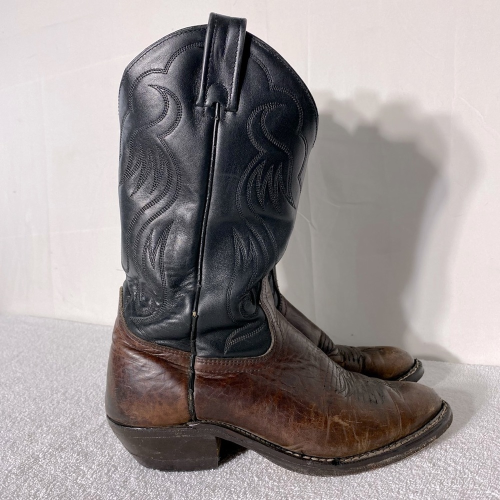 Vintage Lonestar Boot Co. Black Brown Pointed Toe Cowboy Boots 7.5E Stampede